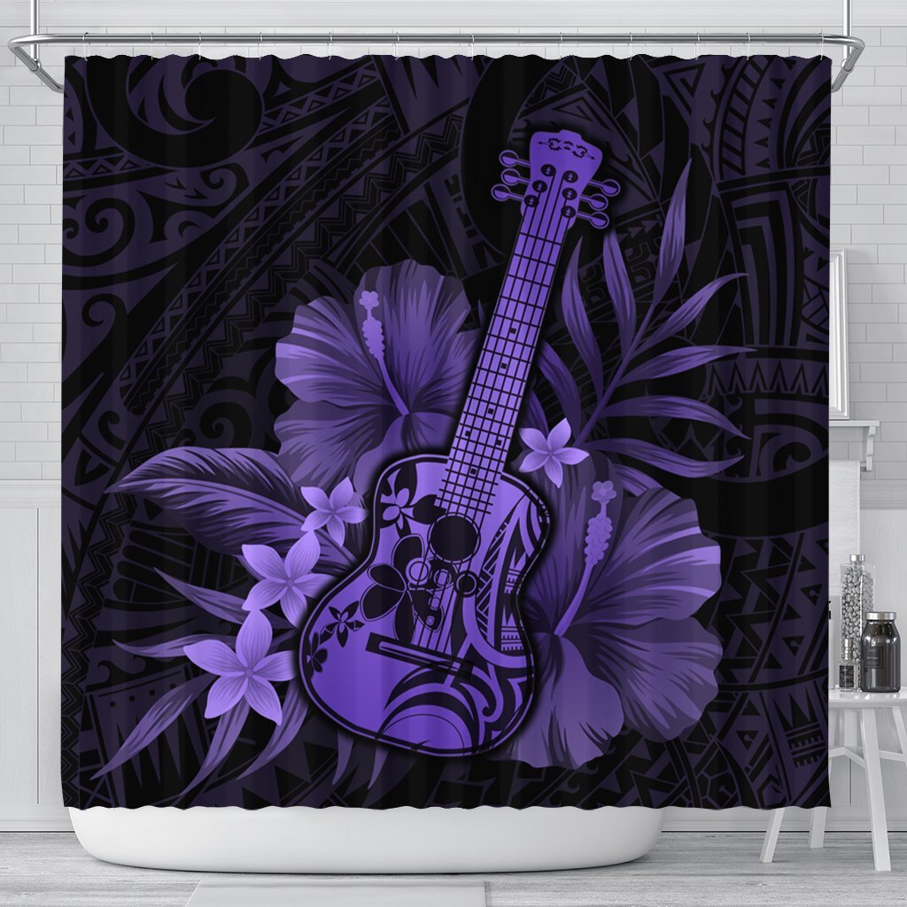 Hawaiian - Hawaii Ukulele Flower Shower Curtain - Purple - AH 177 x 172 (cm) Black - Polynesian Pride