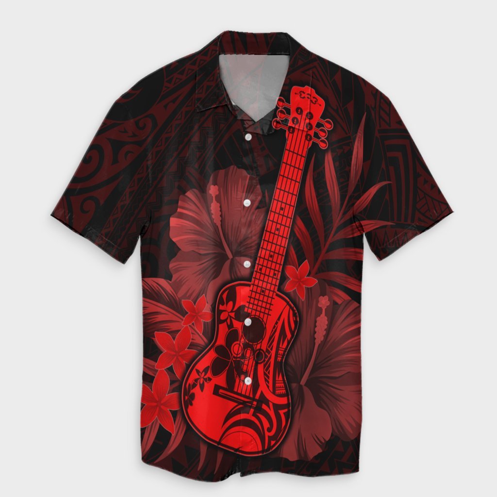 Hawaiian - Hawaii Ukulele Flower Hawaiian Shirt - Red - AH Unisex Black - Polynesian Pride
