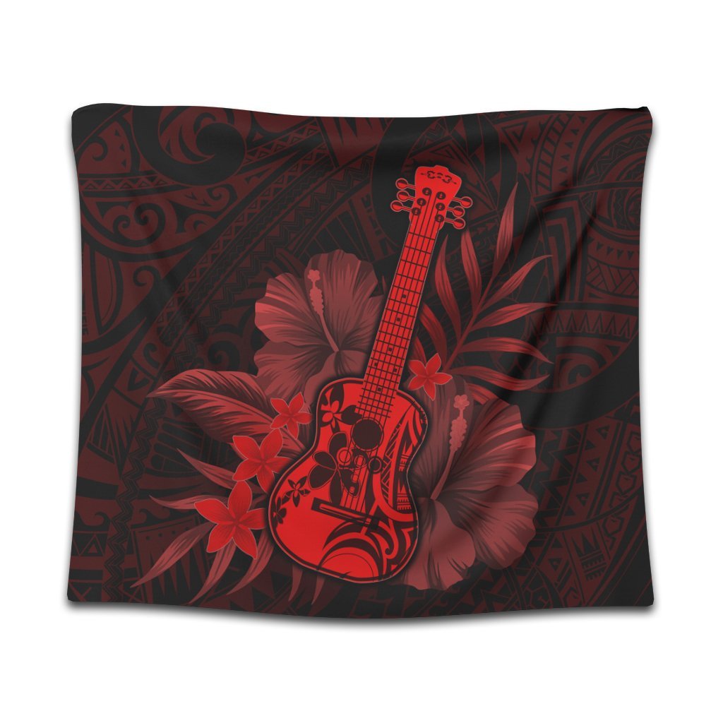 Hawaiian - Hawaii Ukulele Flower Tapestry - Red - AH Wall Tapestry Black - Polynesian Pride