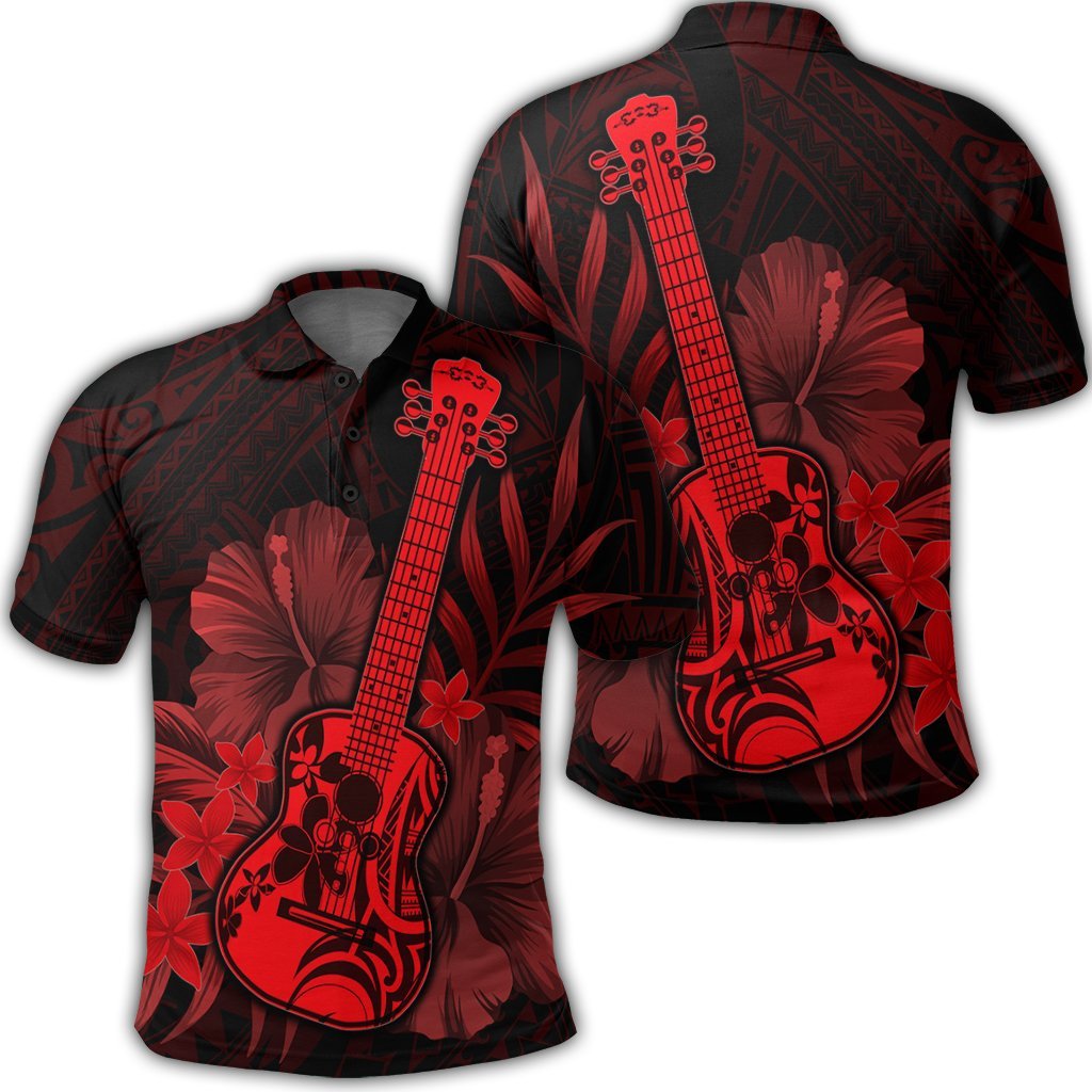Hawaiian Hawaii Ukulele Flower Polo Shirt Red Unisex Black - Polynesian Pride