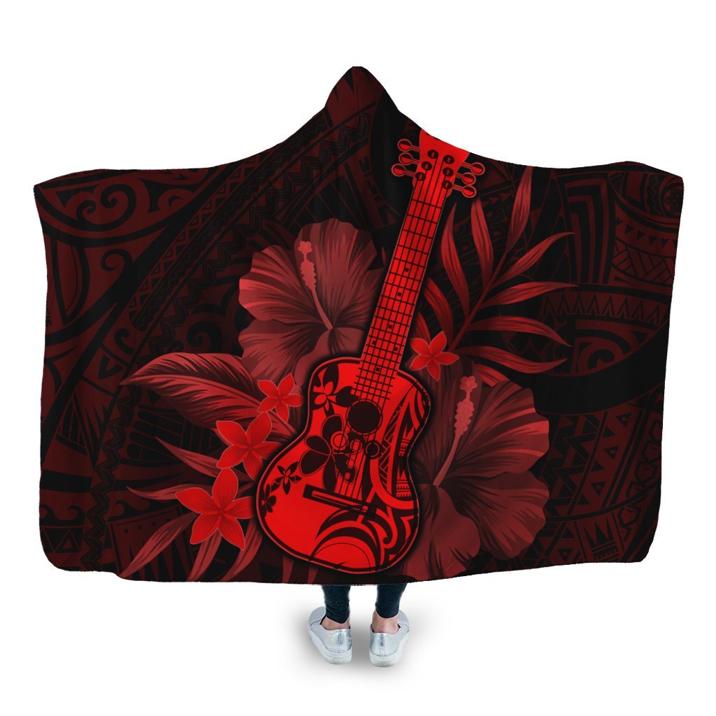 Hawaiian - Hawaii Ukulele Flower Hooded Blanket - Red - AH Hooded Blanket White - Polynesian Pride