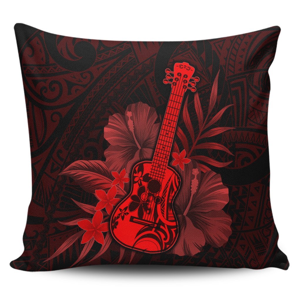 Hawaiian - Hawaii Ukulele Flower Pillow Covers - Red - AH Pillow Covers Black - Polynesian Pride