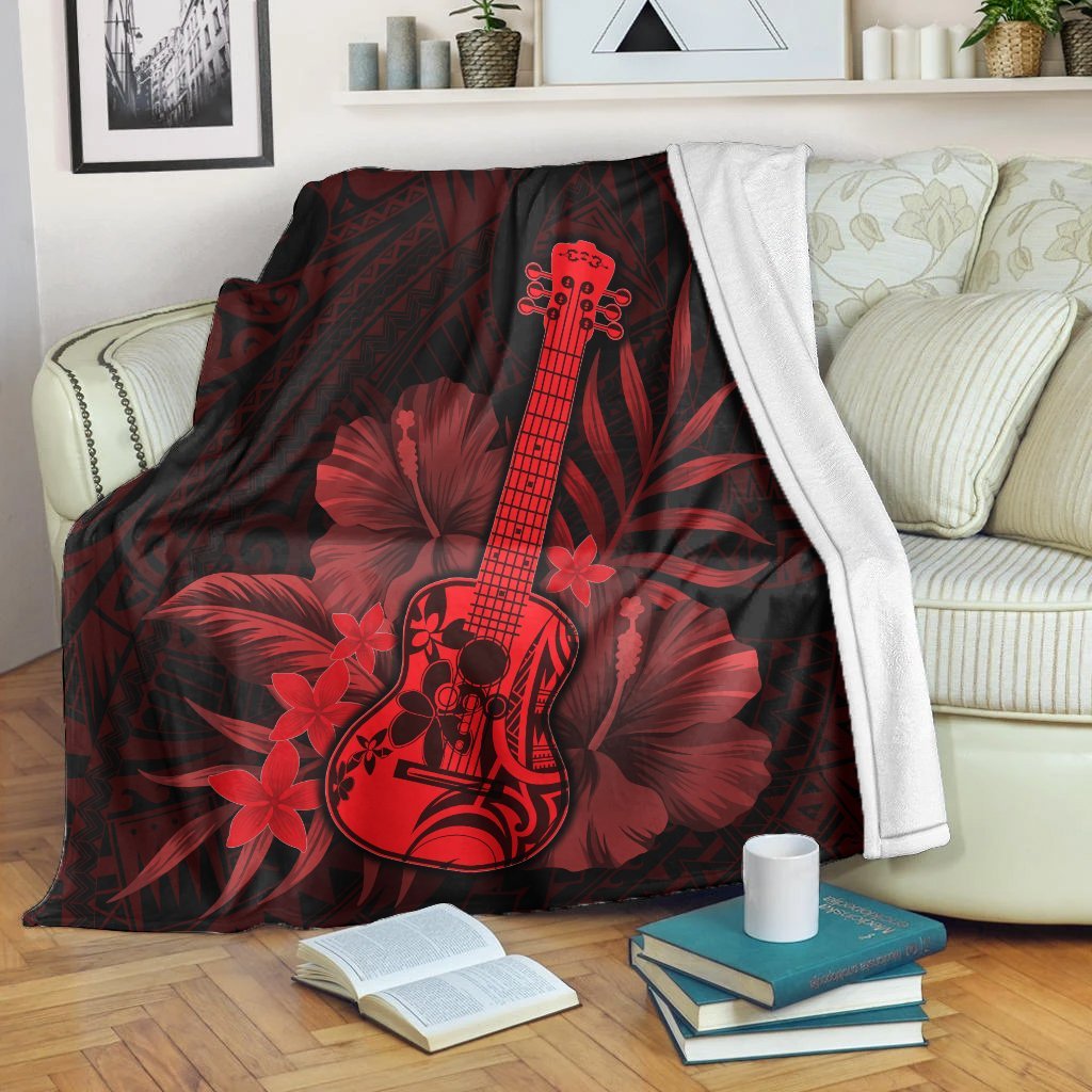 Hawaii Blanket - Hawaii Ukulele Flower Premium Blankets - Red - AH White - Polynesian Pride
