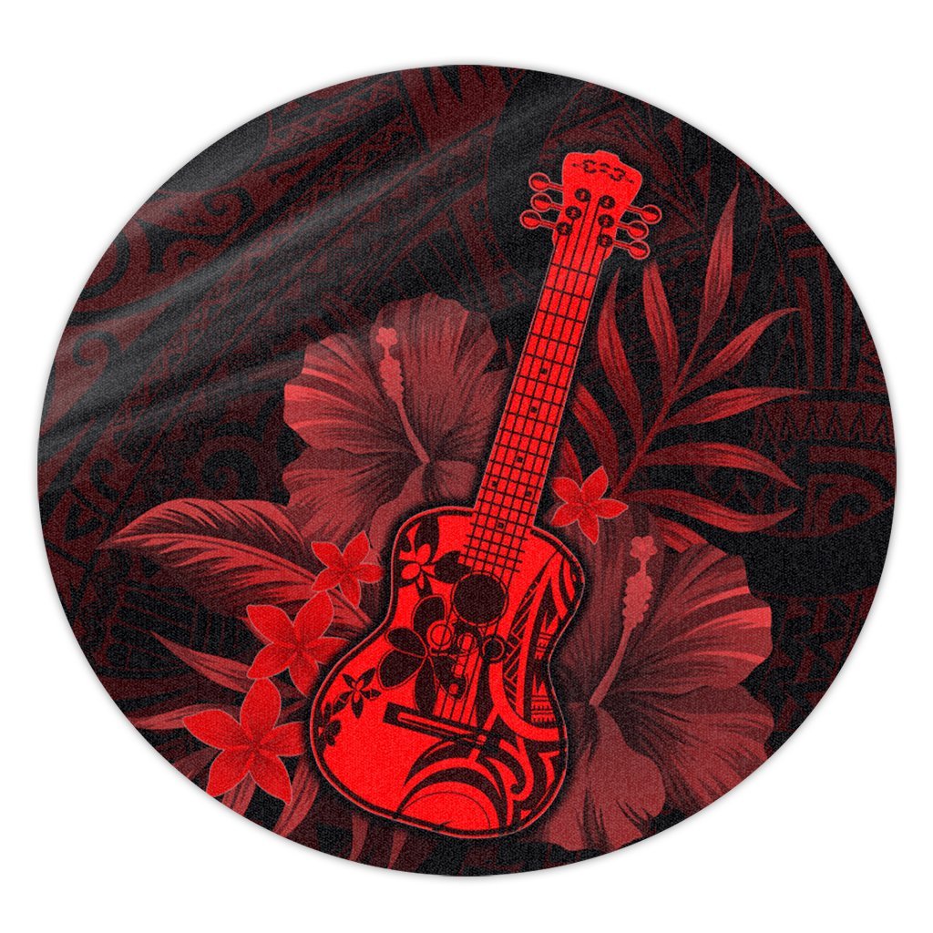 Hawaiian - Hawaii Ukulele Flower Round Carpet - Red - AH Round Carpet Luxurious Plush - Polynesian Pride