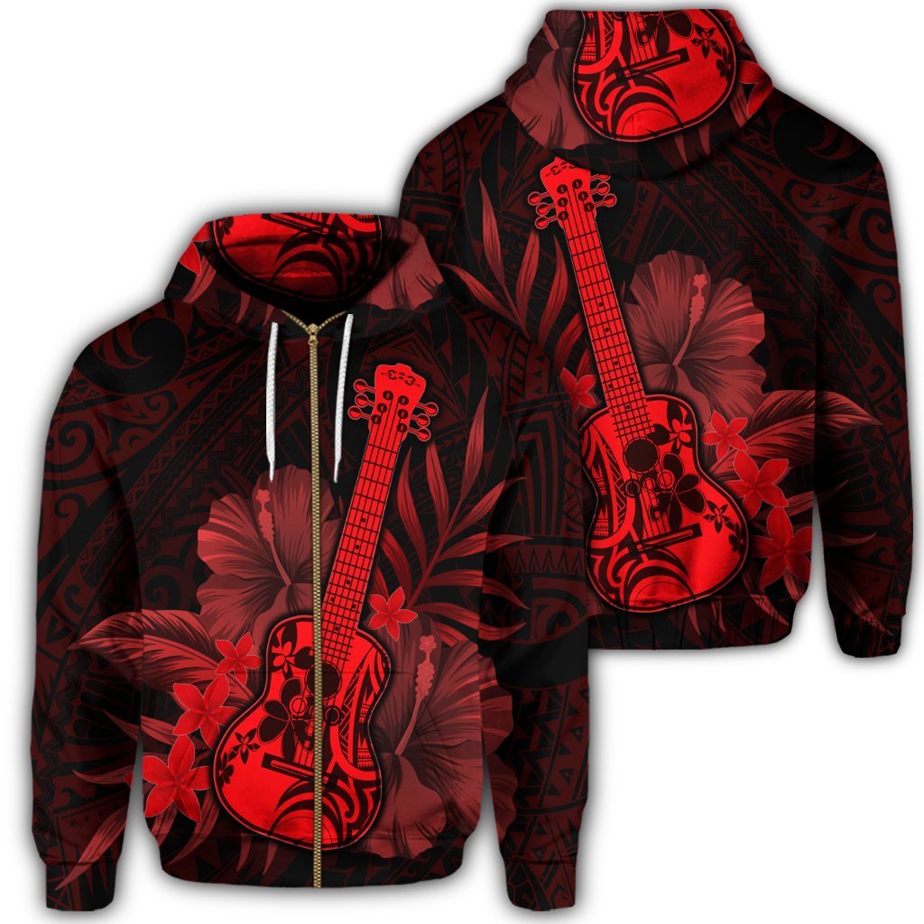 Hawaiian Hawaii Ukulele Flower Zip Hoodie Red Unisex Art - Polynesian Pride