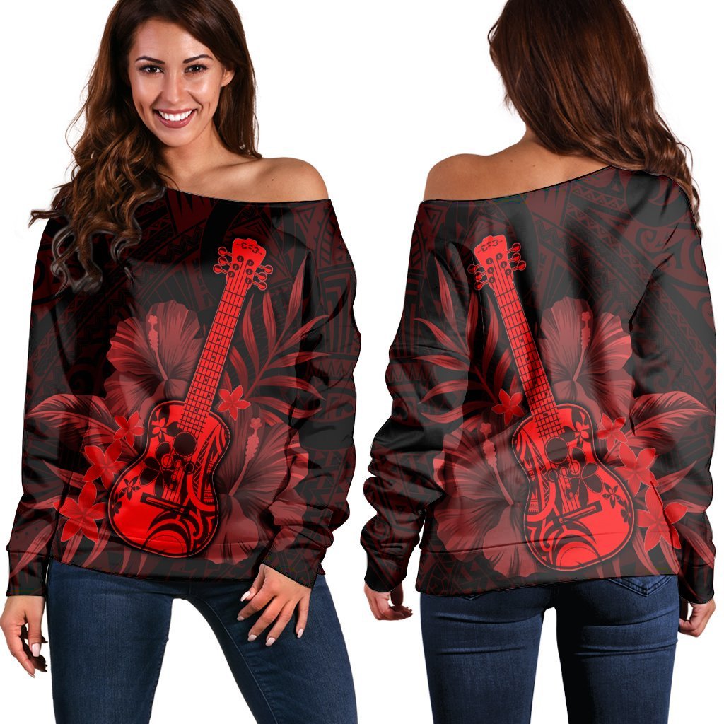 Hawaiian - Hawaii Ukulele Flower Women's Off Shoulder Sweater - Red - AH Black - Polynesian Pride