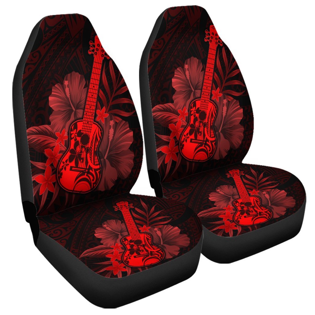 Hawaiian - Hawaii Ukulele Flower Car Seat Covers - Red - AH Universal Fit Black - Polynesian Pride