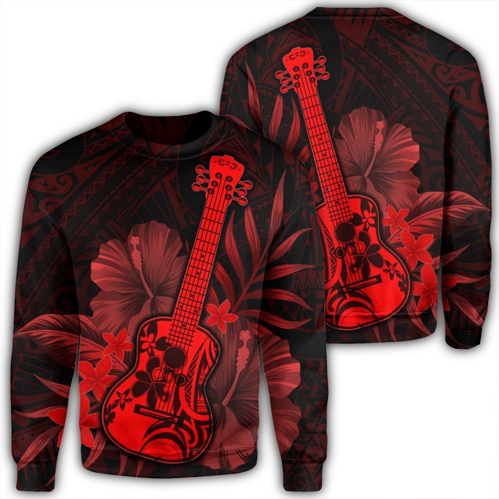 Hawaiian - Hawaii Ukulele Flower Sweatshirt - Red - AH Unisex Black - Polynesian Pride