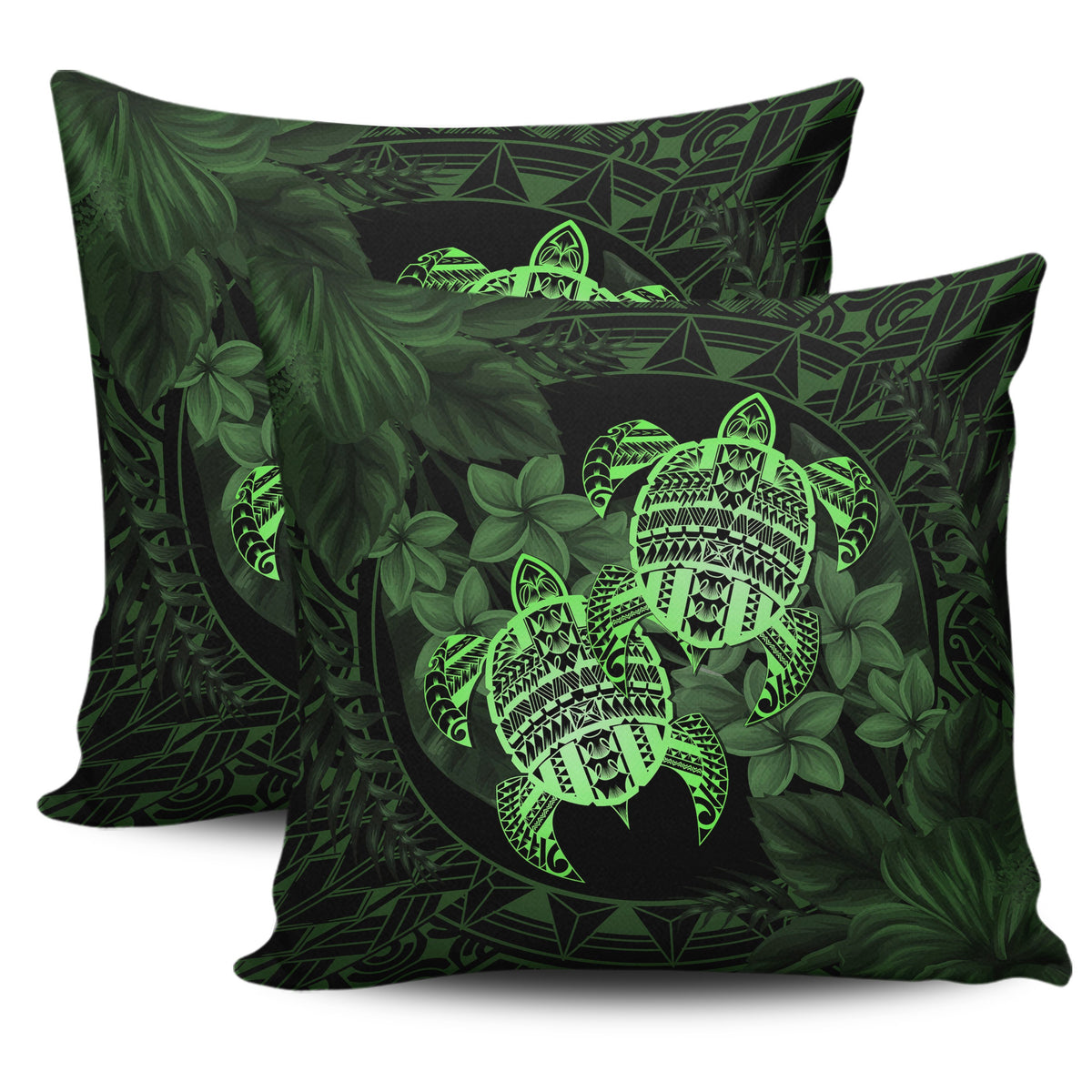 hawaiiPillow Case - Turtle Strong Pattern Hibiscus Plumeria Green AH One Style Zippered Pillow Cases 18"x 18" (Twin Sides) (Set of 2) Green - Polynesian Pride