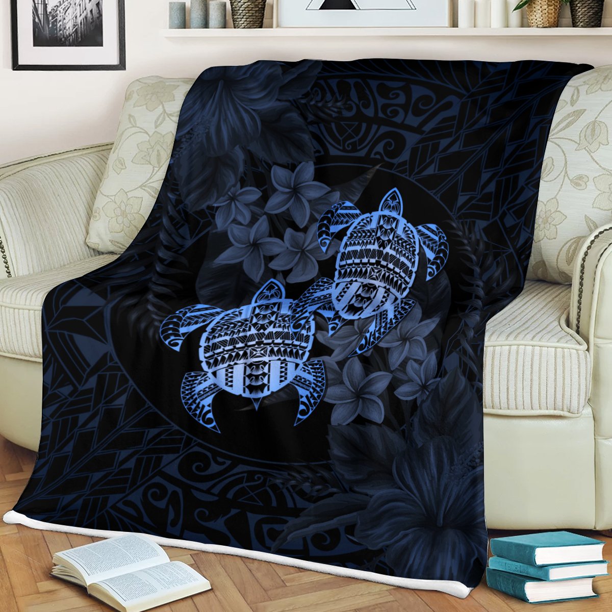 Hawaii Premium Blanket - Turtle Strong Pattern Hibiscus Plumeria Blue AH White - Polynesian Pride