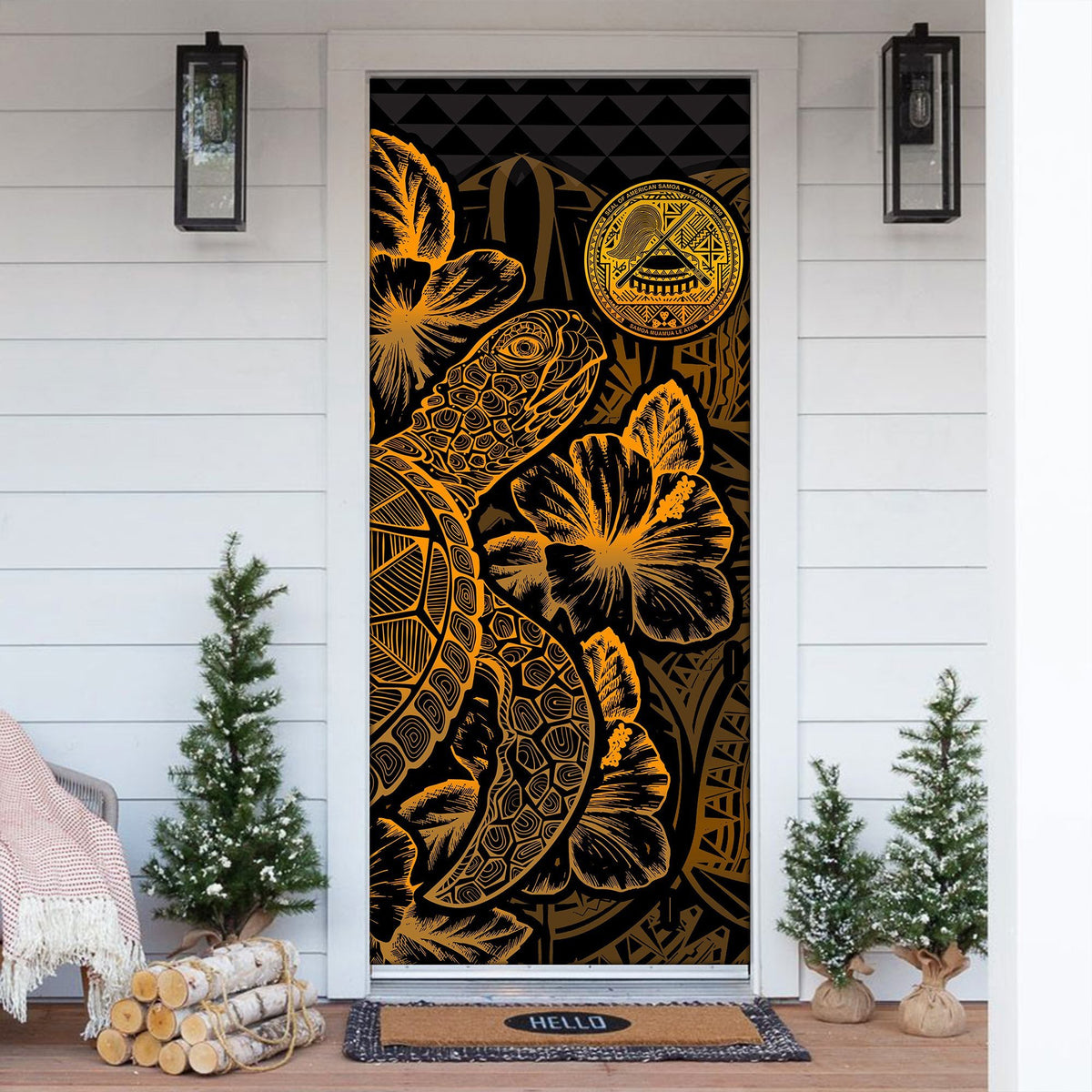 American Samoa Door Cover Turtle Hibiscus Gold - Polynesian Pride