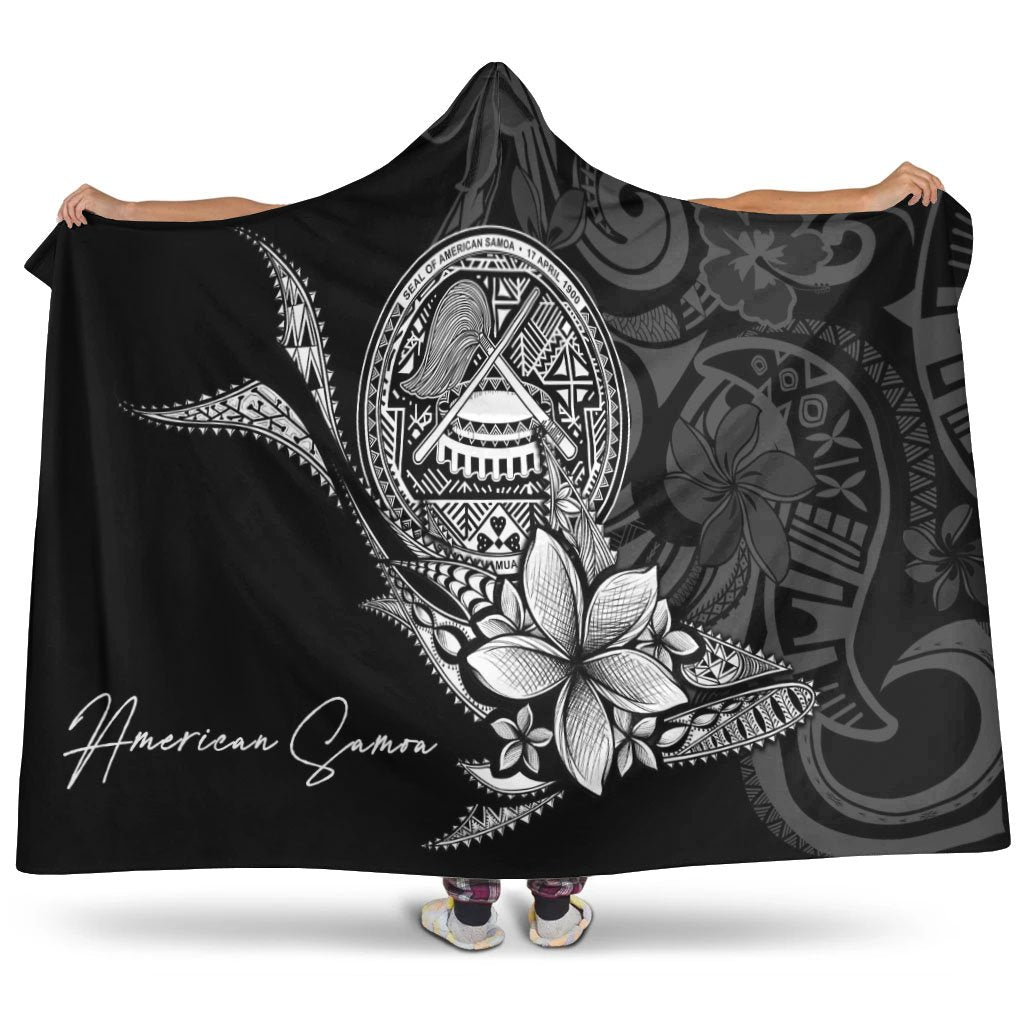 American Samoa Hooded Blanket - Fish With Plumeria Flowers Style Hooded Blanket Black - Polynesian Pride