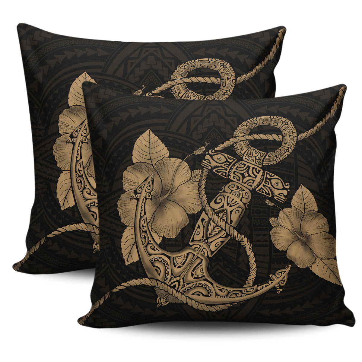 Anchor Gold Poly Tribal Pillow Covers One Size Zippered Pillow Cases 18"x 18" (Twin Sides) (Set of 2) Gold - Polynesian Pride