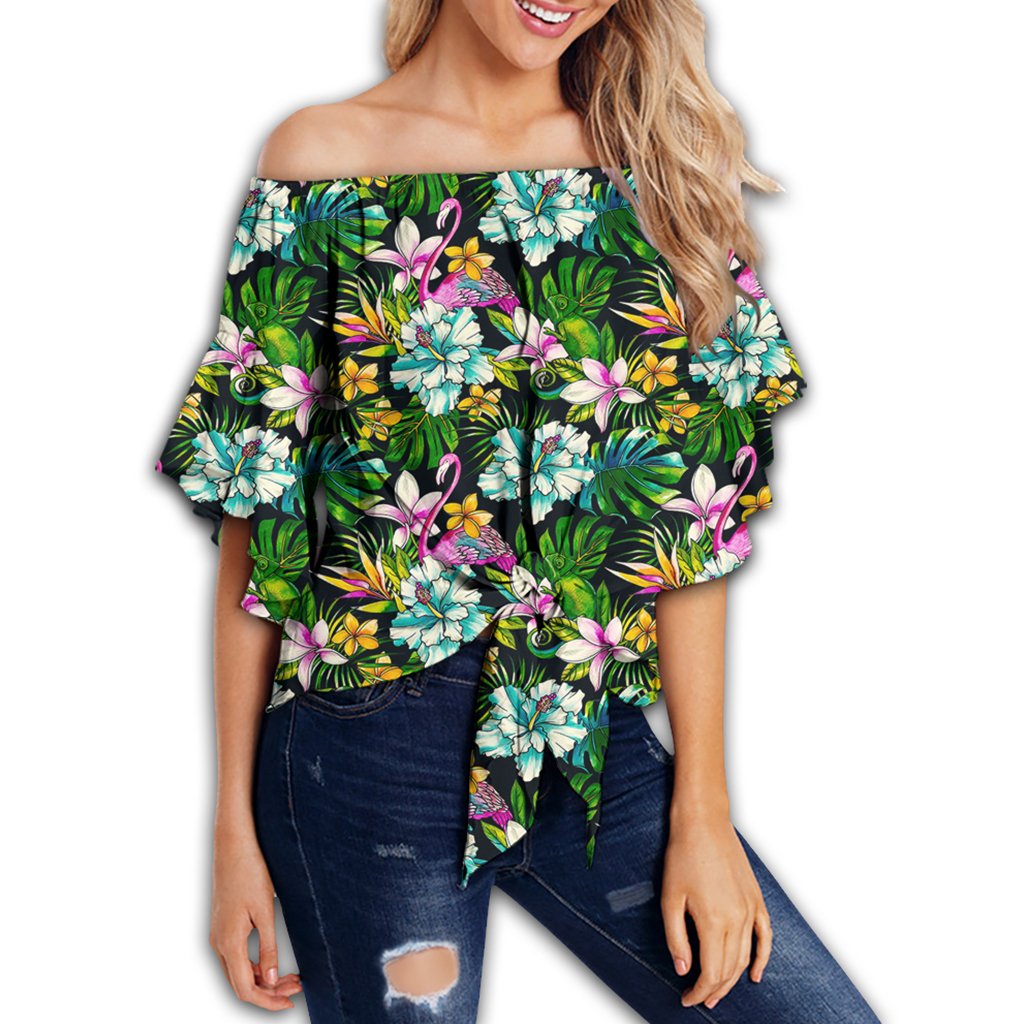 Animals And Tropical Flowers Women's Off Shoulder Wrap Waist Top - AH - Polynesian Pride