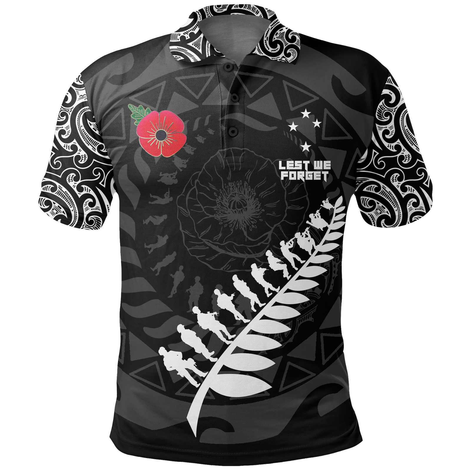 New Zealand ANZAC Spirit Polo Shirt Lest We Forget Maori Tattoo Black - Polynesian Pride