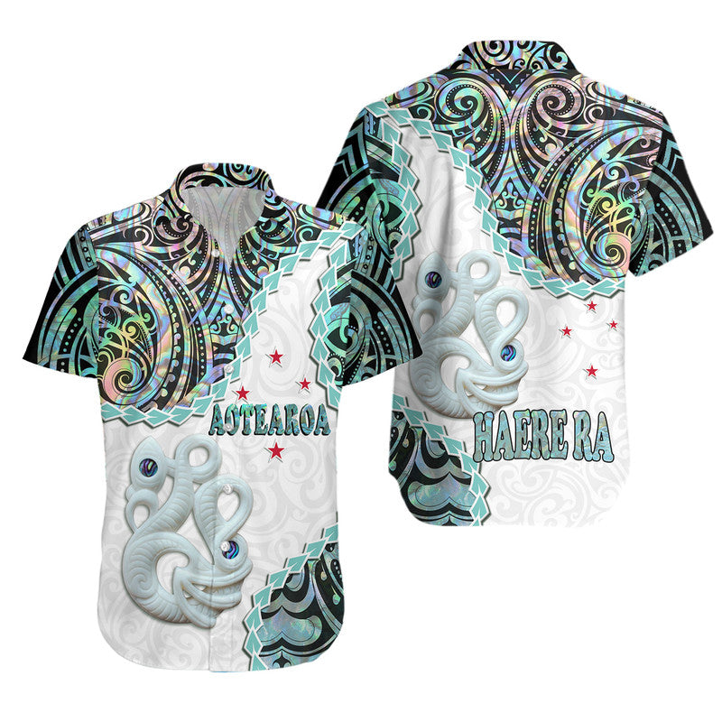 New Zealand Maori Hawaiian Shirt Aotearoa Manaia Basic Paua Shell - Heare Ra LT9 White - Polynesian Pride