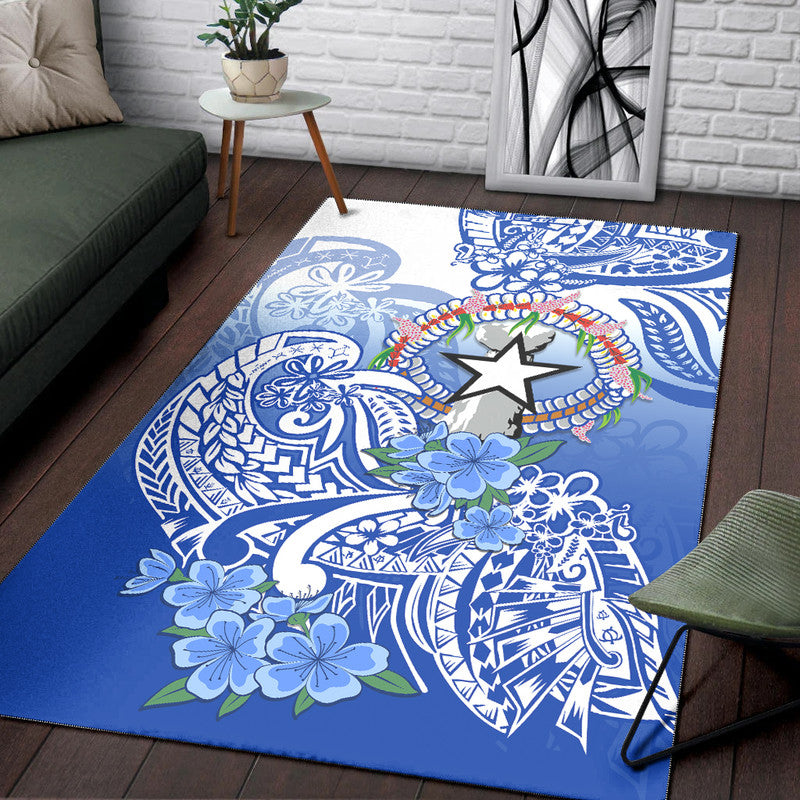 Northern Mariana Islands Area Rug Polynesian Floral Tribal LT9 Blue - Polynesian Pride