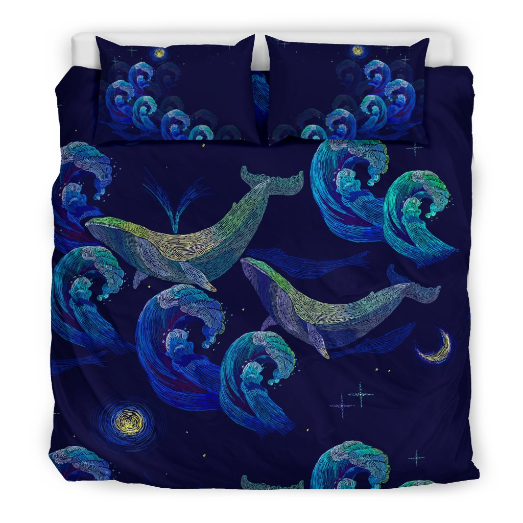 Hawaiian Whale And Wave In Night Polynesian Bedding Set - Polynesian Pride