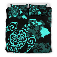 Hawaiian Map Turtle Hibiscus Plumeria Polynesian Blue Bedding Set - Polynesian Pride