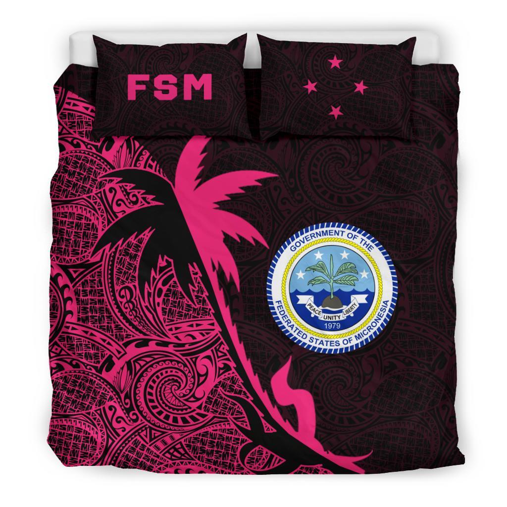Federated States Of Micronesia Duvet Cover Set - Federated States Of Micronesia Coat Of Arms & Coconut Tree Pink Blue - Polynesian Pride