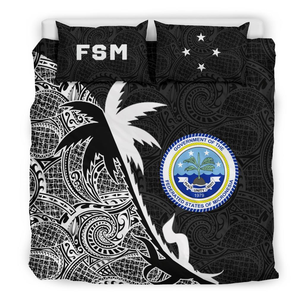 Federated States Of Micronesia Duvet Cover Set - Federated States Of Micronesia Coat Of Arms & Coconut Tree Black Black - Polynesian Pride