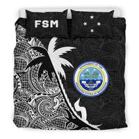 Federated States Of Micronesia Duvet Cover Set - Federated States Of Micronesia Coat Of Arms & Coconut Tree Black Black - Polynesian Pride