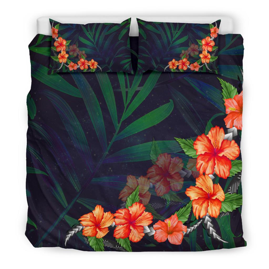 Hawaiian Hibiscus Palm Leaves Background Bedding Set - Polynesian Pride