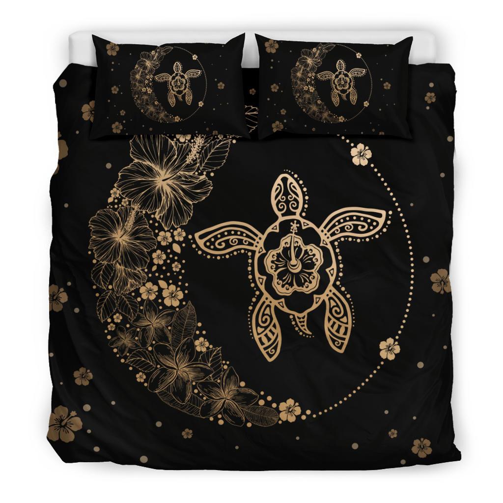 Hawaiian Hibiscus Plumeria Turtle Black And Gold Bedding Set - Polynesian Pride