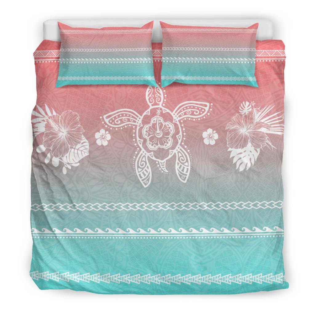 Hawaiian Turtle Hibiscus Turquoise And Salmon Bedding Set - Color Style - Polynesian Pride