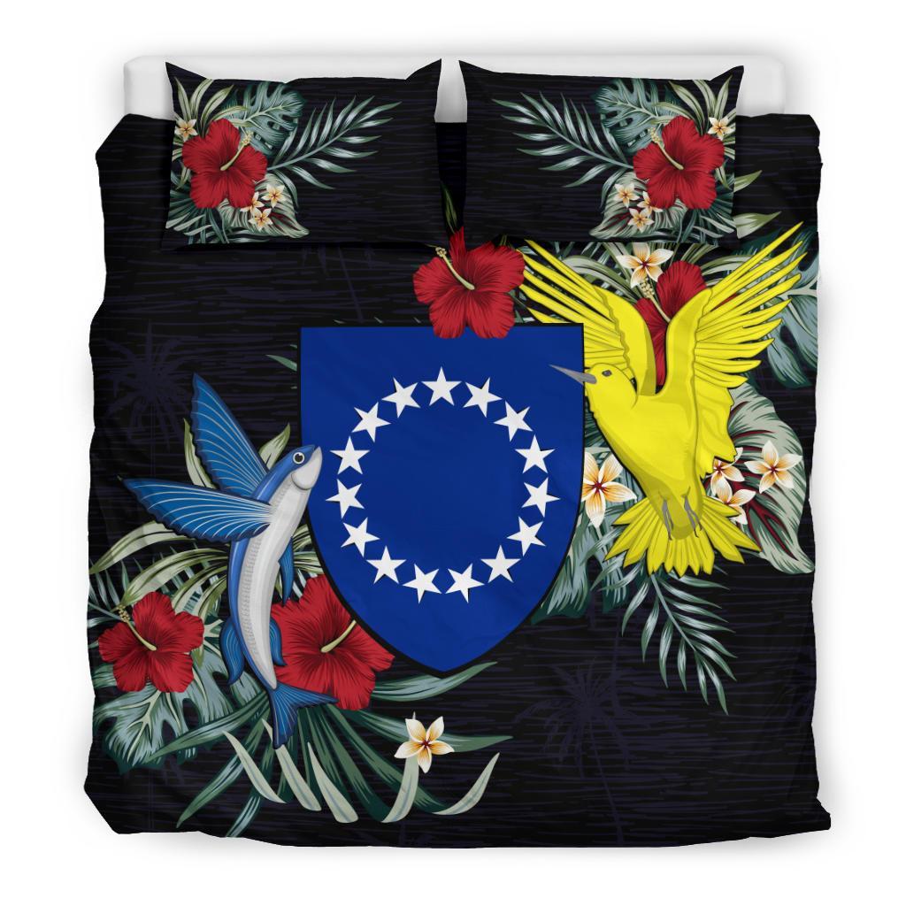 Cook Islands Duvet Cover Set - Cook Islands Coat Of Arms Hibiscus Black - Polynesian Pride