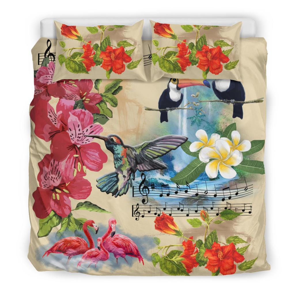 Hawaiian Toucan Flomingo Hummingbirds Hibiscus Plumeria Forest Music Polynesian Bedding Set - Polynesian Pride