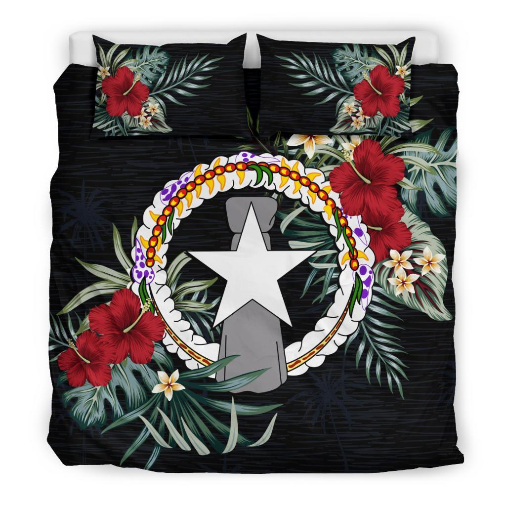 Northern Mariana Islands Duvet Cover Set - Northern Mariana Islands Flag Hibiscus Black - Polynesian Pride