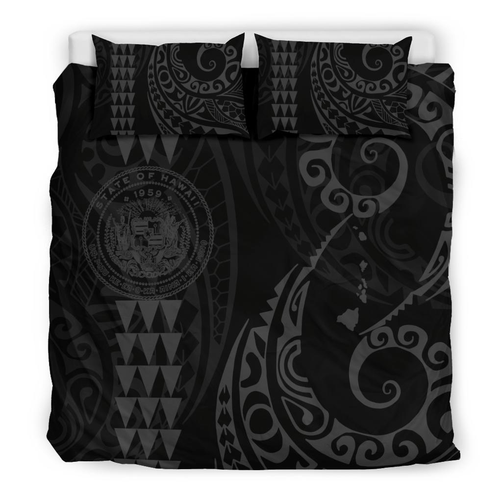 Hawaiian Map Coat Of Arms Flag Polynesian Bedding Set Grey - Polynesian Pride