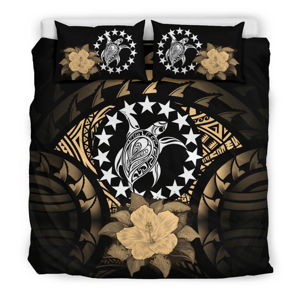 Cook Islands Duvet Cover Set - Cook Island Flag Turtle & Gold Hibiscus Gold - Polynesian Pride