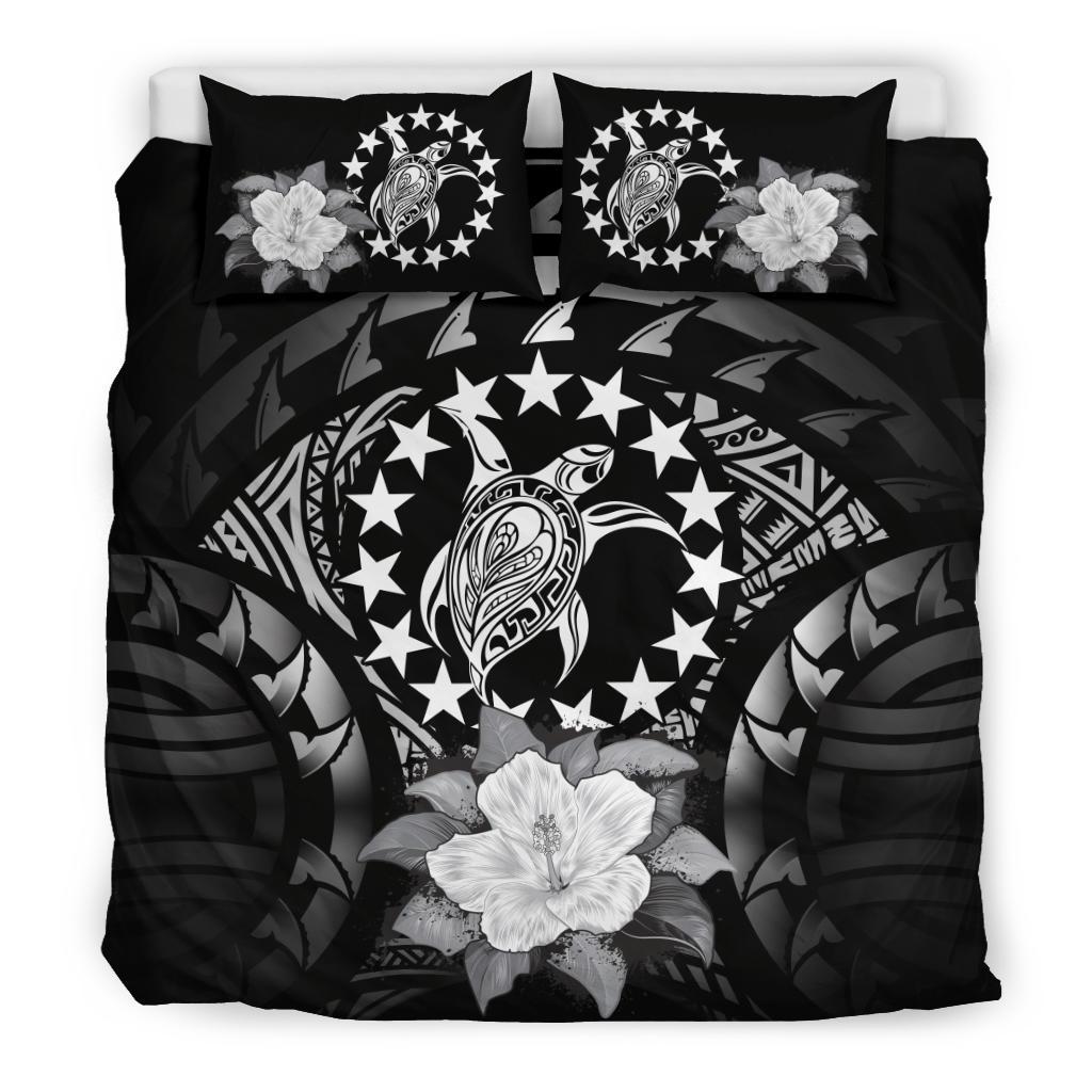 Cook Islands Duvet Cover Set - Cook Island Flag Turtle & Gray Hibiscus Gray - Polynesian Pride