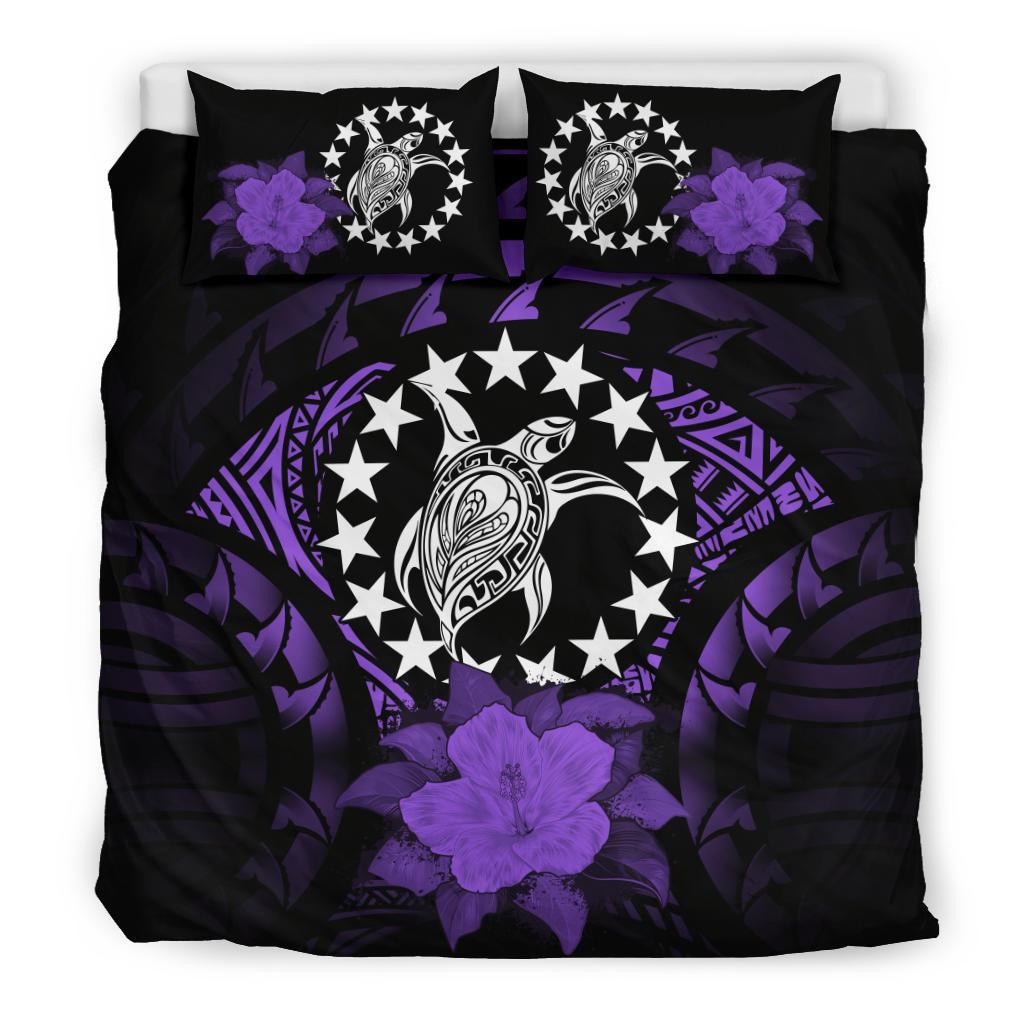 Cook Islands Duvet Cover Set - Cook Island Flag Turtle & Purple Hibiscus Purple - Polynesian Pride