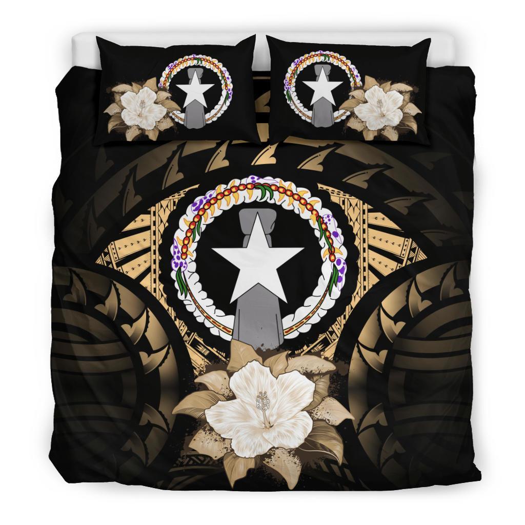 Northern Mariana Islands Duvet Cover Set - Northern Mariana Islands Flag & Gold Hibiscus Gold - Polynesian Pride
