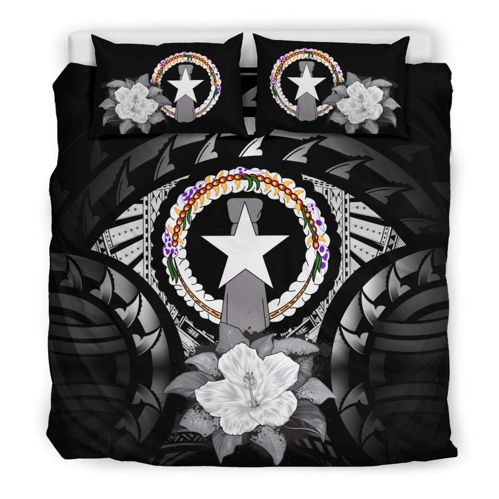 Northern Mariana Islands Duvet Cover Set - Northern Mariana Islands Flag & Gray Hibiscus Gray - Polynesian Pride