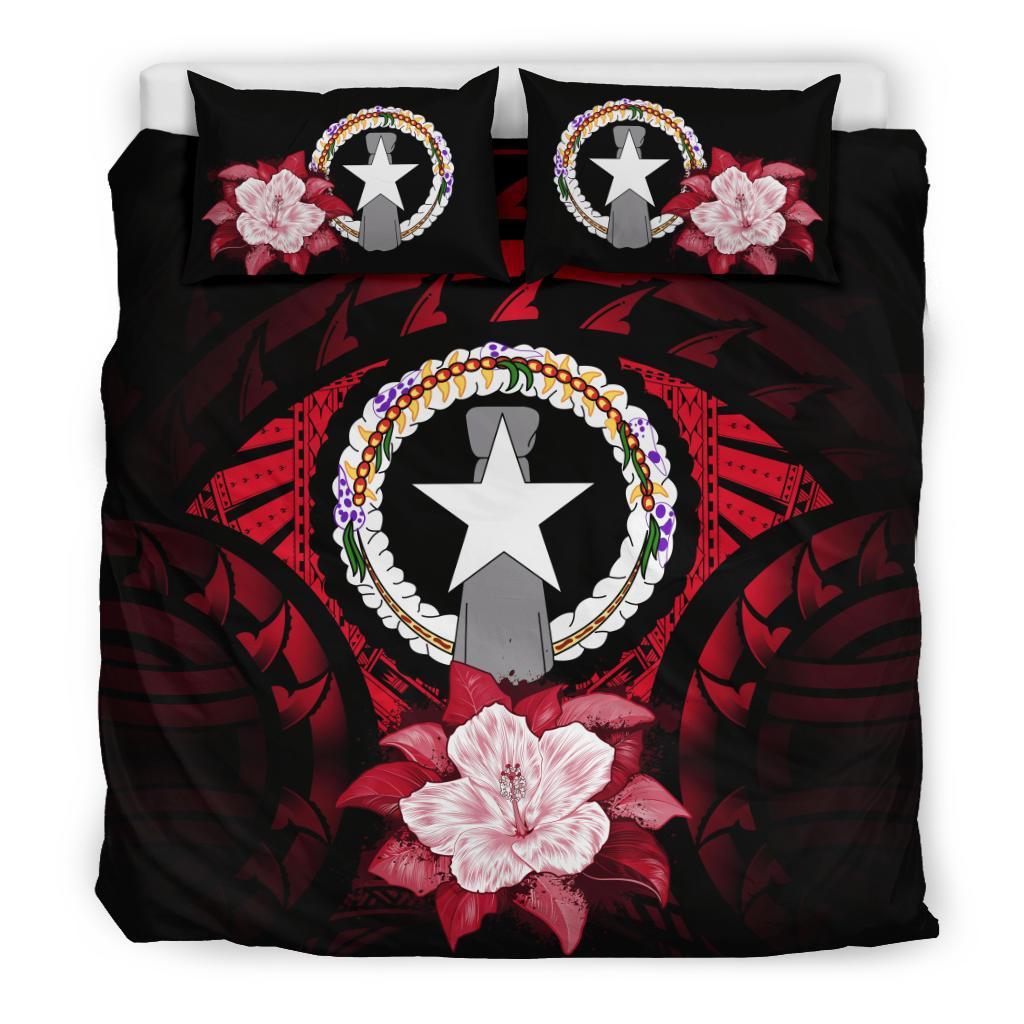 Northern Mariana Islands Duvet Cover Set - Northern Mariana Islands Flag & Red Hibiscus Red - Polynesian Pride