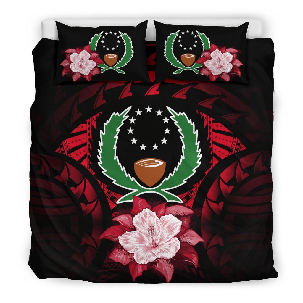 Pohnpei Duvet Cover Set - Pohnpei Flag & Red Hibiscus Red - Polynesian Pride