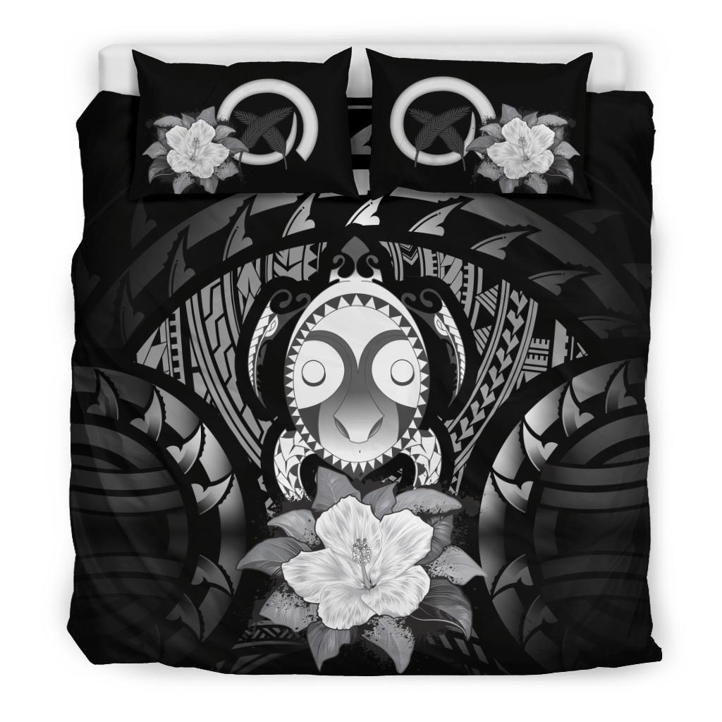 Vanuatu Duvet Cover Set - Turtle Tiki Face & Gray Hibiscus Gray - Polynesian Pride