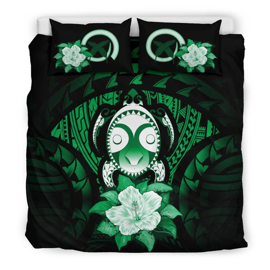 Vanuatu Duvet Cover Set - Turtle Tiki Face & Green Hibiscus Green - Polynesian Pride