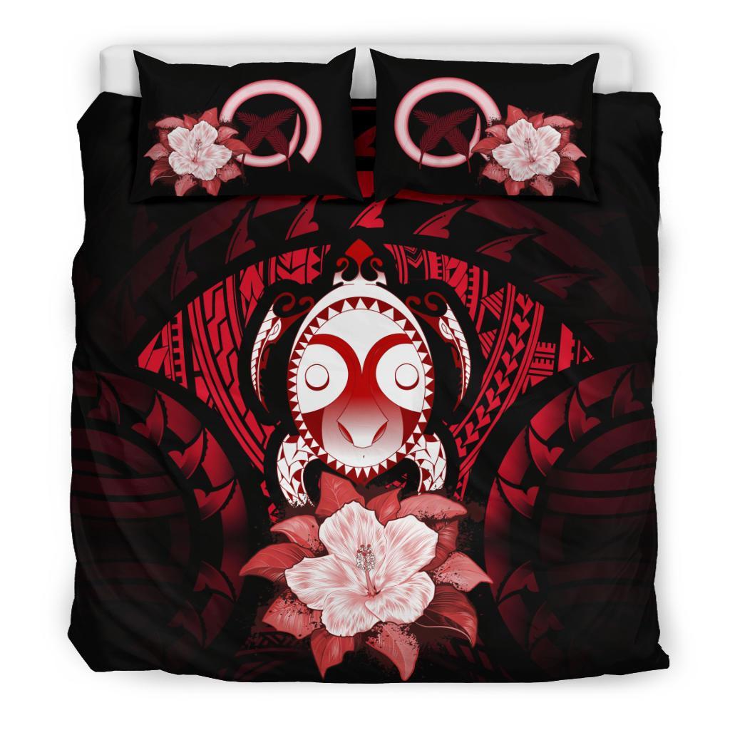 Vanuatu Duvet Cover Set - Turtle Tiki Face & Red Hibiscus Red - Polynesian Pride