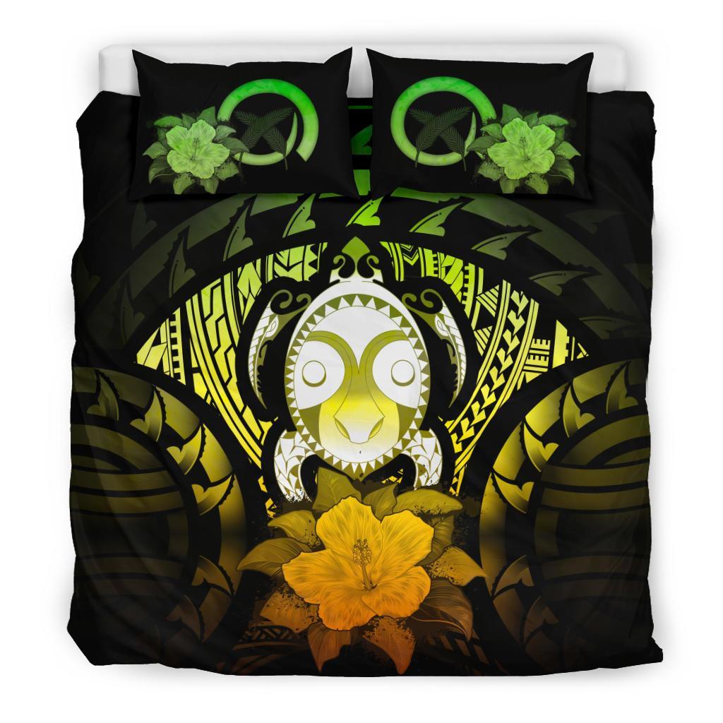 Vanuatu Duvet Cover Set - Turtle Tiki Face & Reggae Hibiscus Art - Polynesian Pride