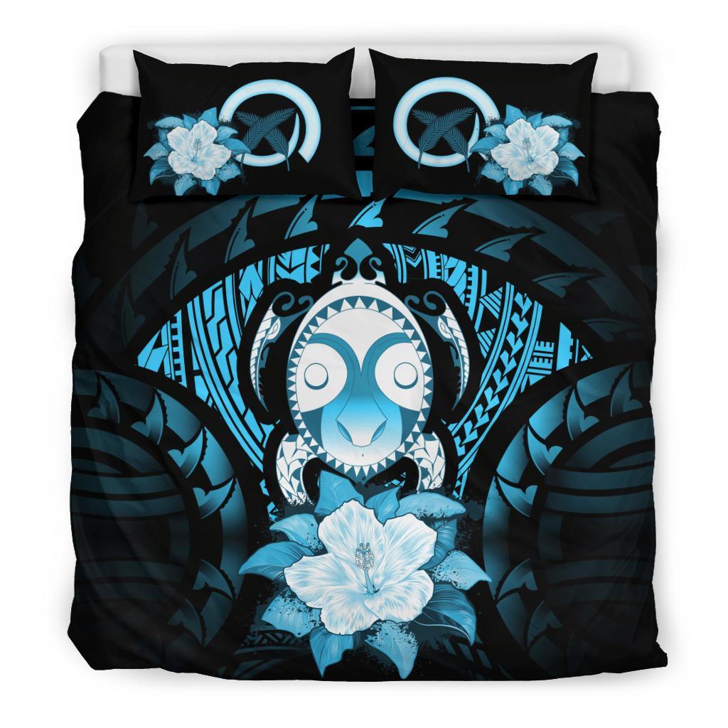 Vanuatu Duvet Cover Set - Turtle Tiki Face &Turquoise Hibiscus Art - Polynesian Pride