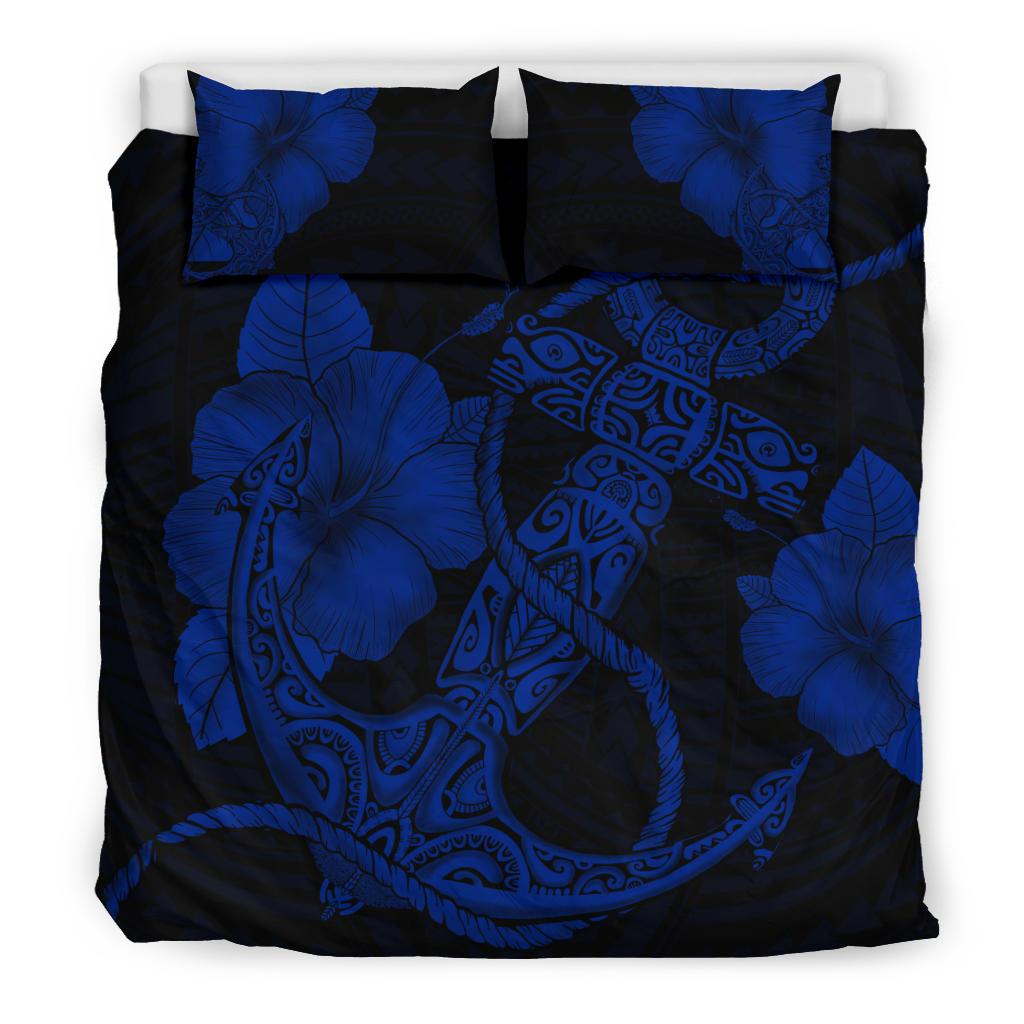 Hawaiian Anchor Poly Tribal Hibiscus Polynesian Bedding Set Blue - Polynesian Pride
