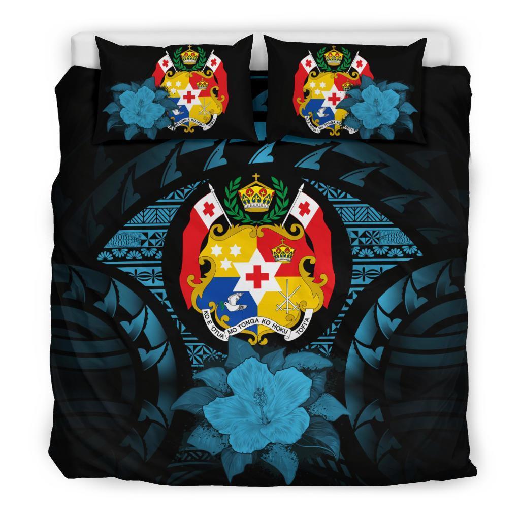 Tonga Duvet Cover Set - Tonga Coat Of Arms & Blue Hibiscus Blue - Polynesian Pride