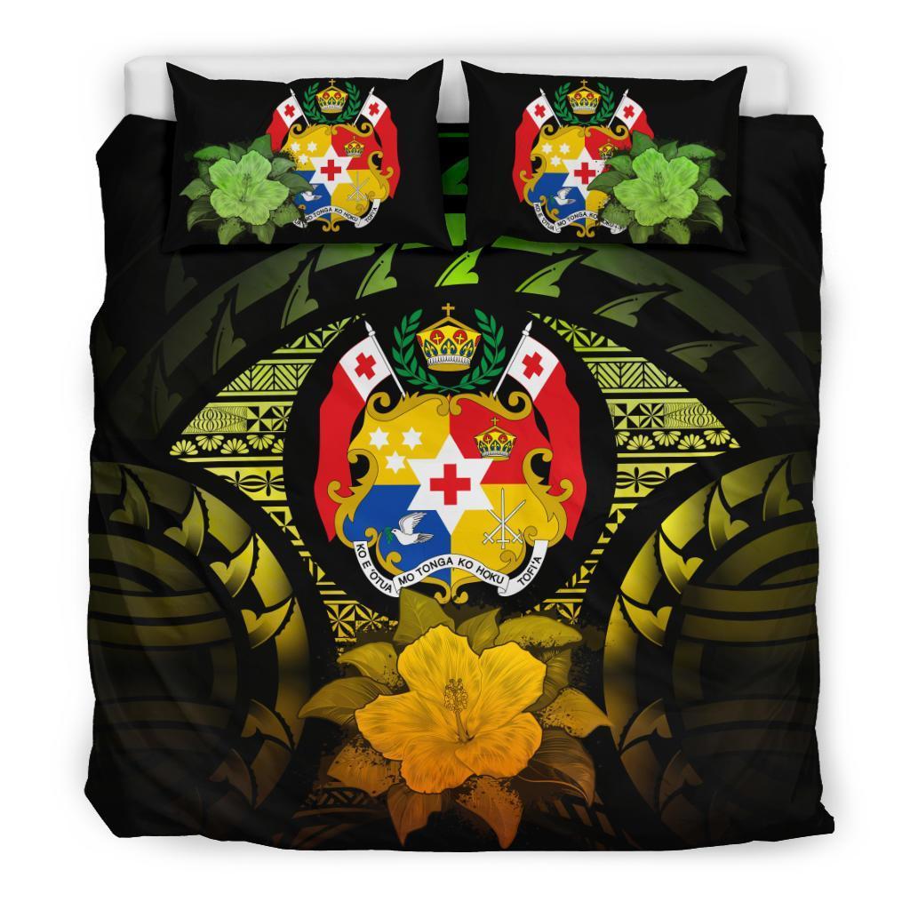 Tonga Duvet Cover Set - Tonga Coat Of Arms & Reggae Hibiscus Art - Polynesian Pride