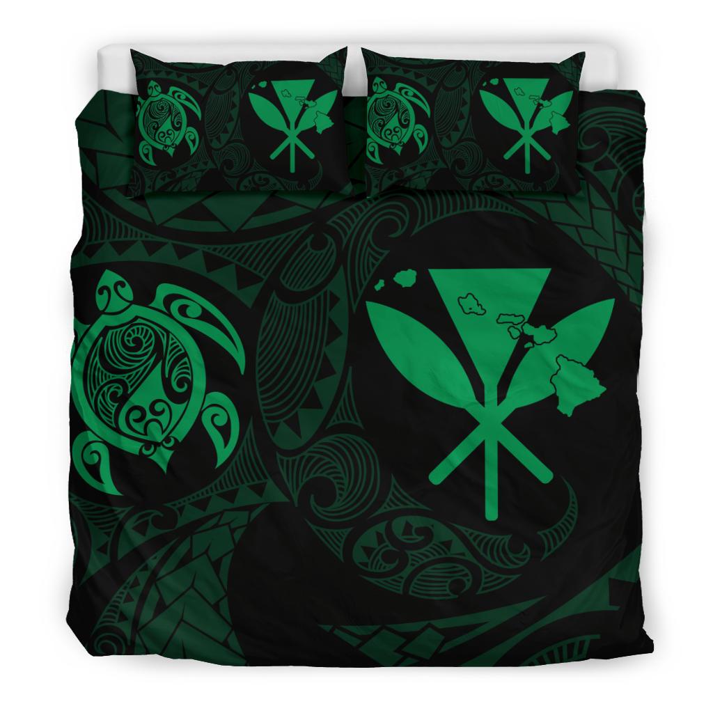 Hawaiian Map Kanaka Maoli Turtle Polynesian Bedding Set Green - Polynesian Pride