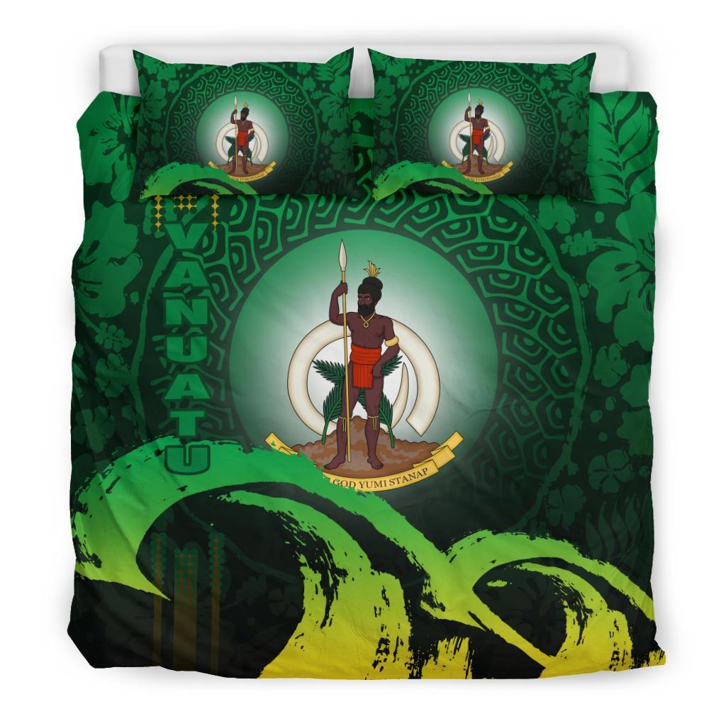 Vanuatu Duvet Cover Set - Vanuatu Coat Of Arms Wave and Hibiscus Green Green - Polynesian Pride
